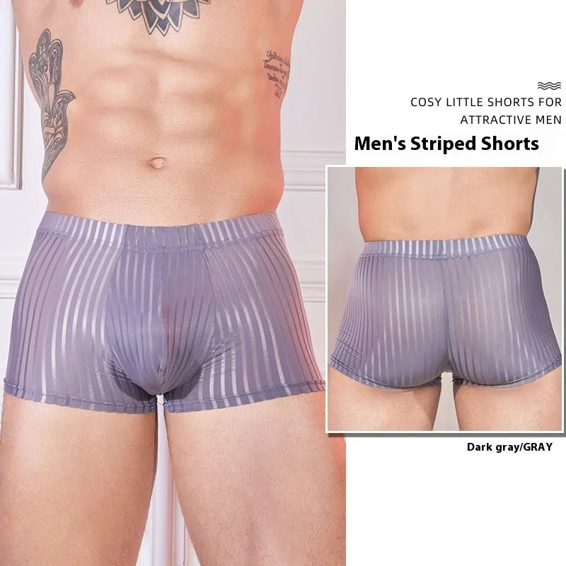 Men's black and white striped thin nylon underwear laid flat.