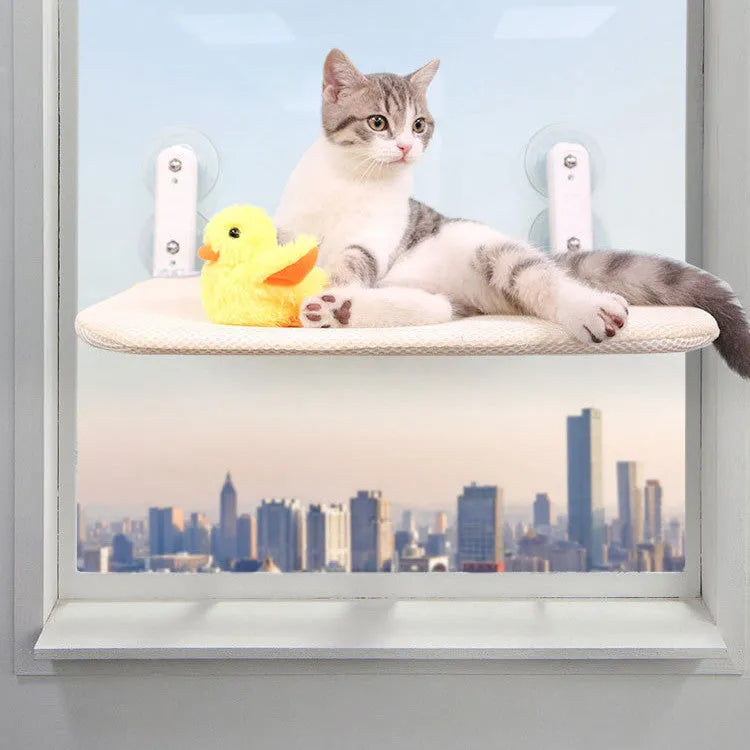 Stainless steel framed cat hammock with suction cups attached to a window, shown in grey plush fabric.