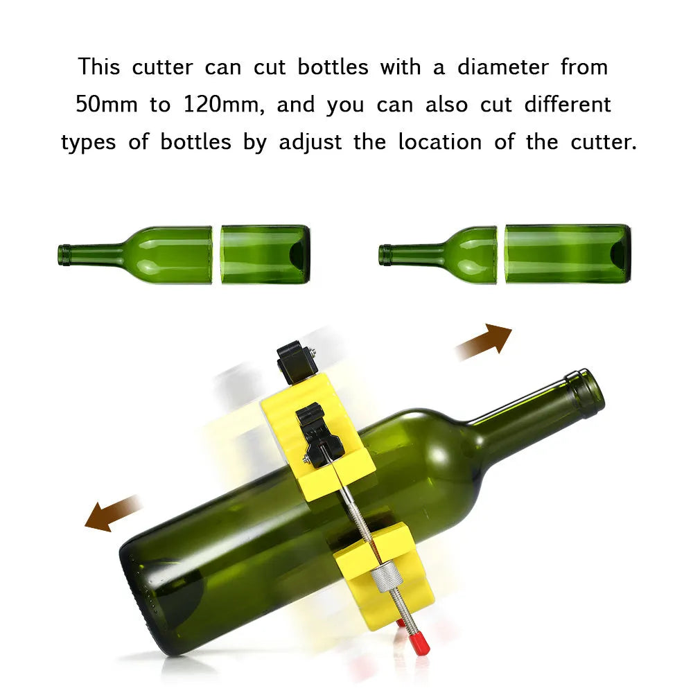 Yellow bottle cutter tool for glass bottles 50mm to 120mm diameter with adjustable cutting mechanism