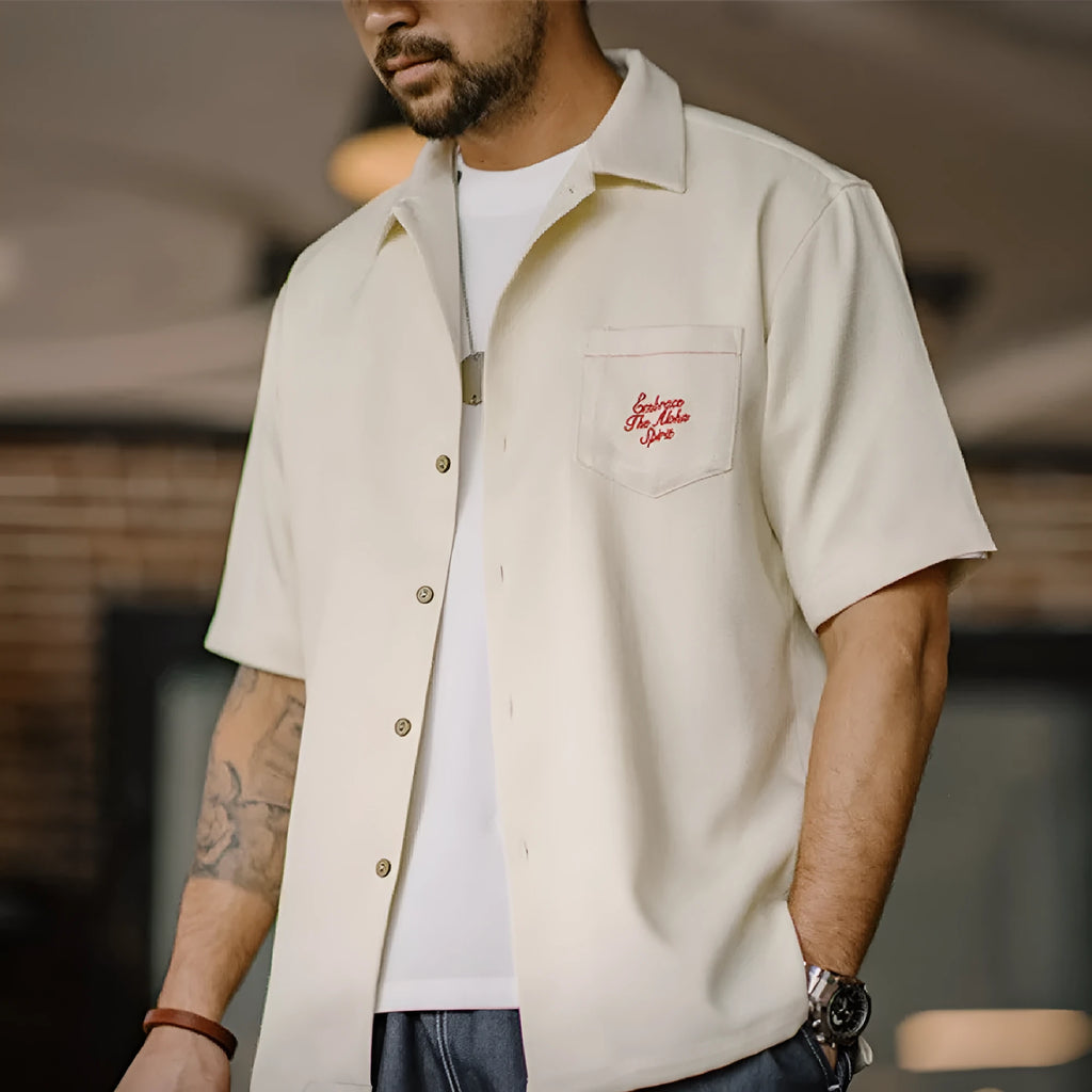 Light apricot men's Cuban collar shirt with bamboo and floral pattern