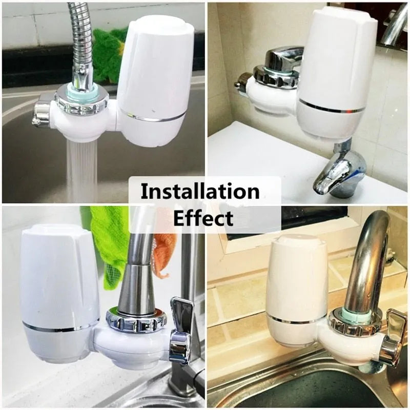 White kitchen tap water filter with ceramic cartridge showing switchable flow control and universal adapter fittings