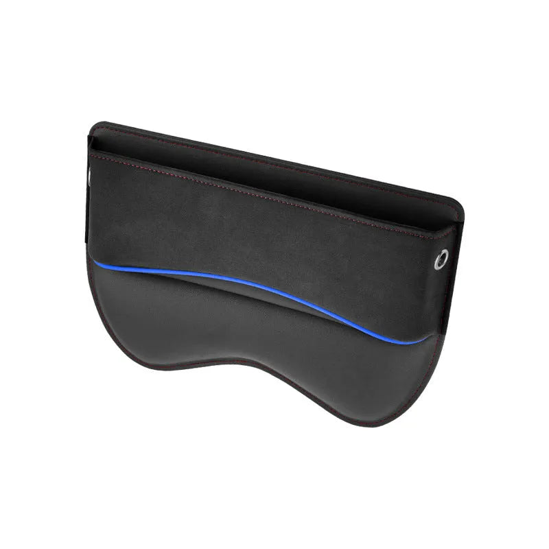 Leather car seat storage box in beige colour on a car seat.