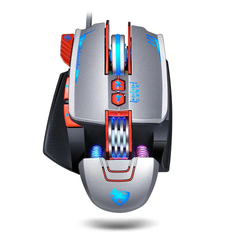 Thunder Wolf V9 wired gaming mouse in black or grey on a desk, showing six buttons and USB cable.