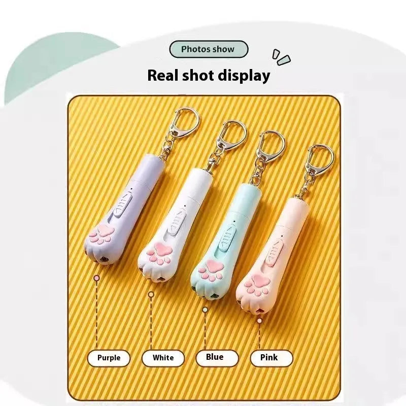 Colourful plastic cat teaser wand with feathers and an LED light for interactive pet play.