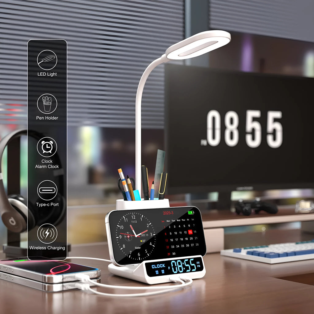 Wireless charging desk lamp with pen holder and storage compartment in modern design
