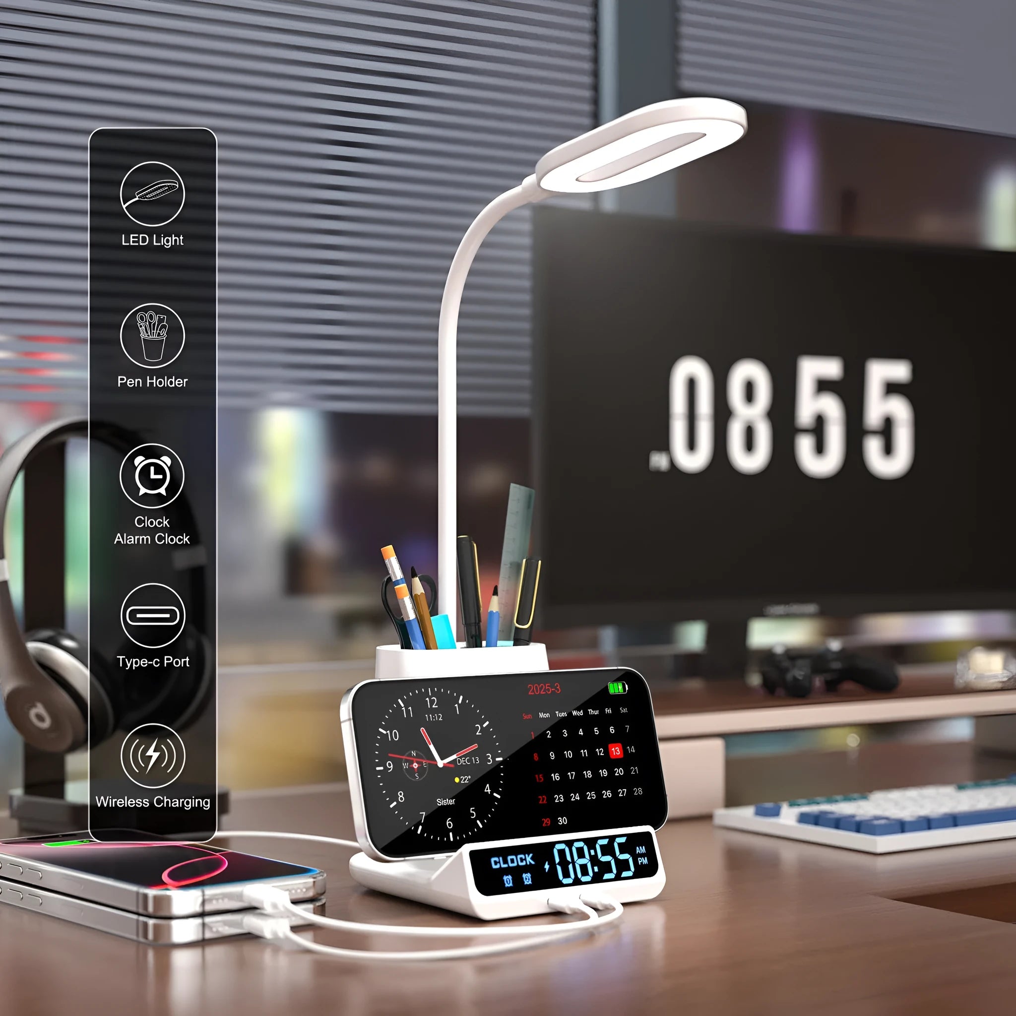 Wireless charging desk lamp with pen holder and storage compartment in modern design
