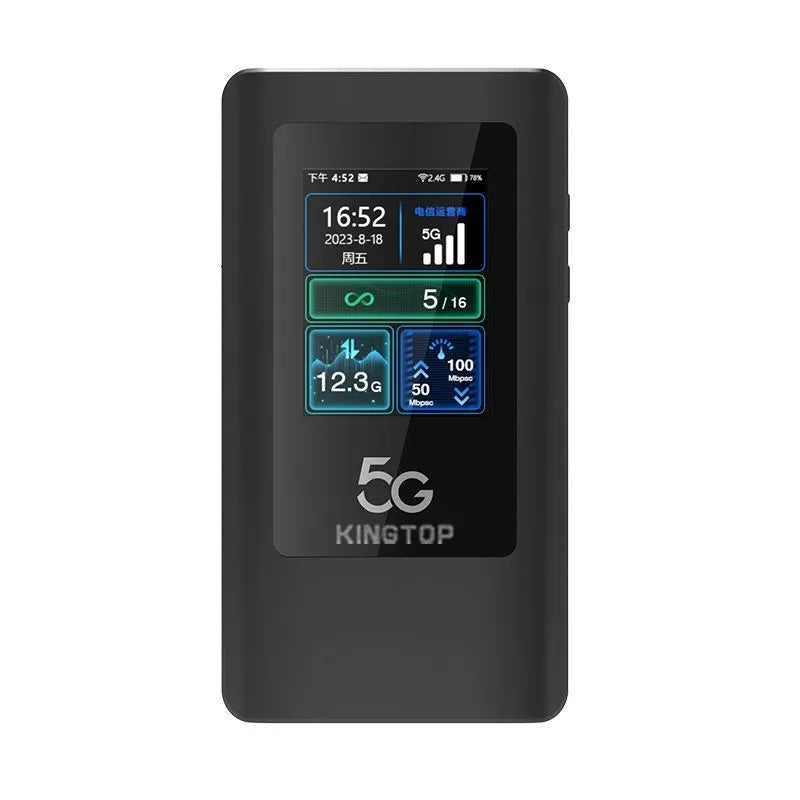 Black portable 5G Wi-Fi router with LCD screen showing connection status and battery level