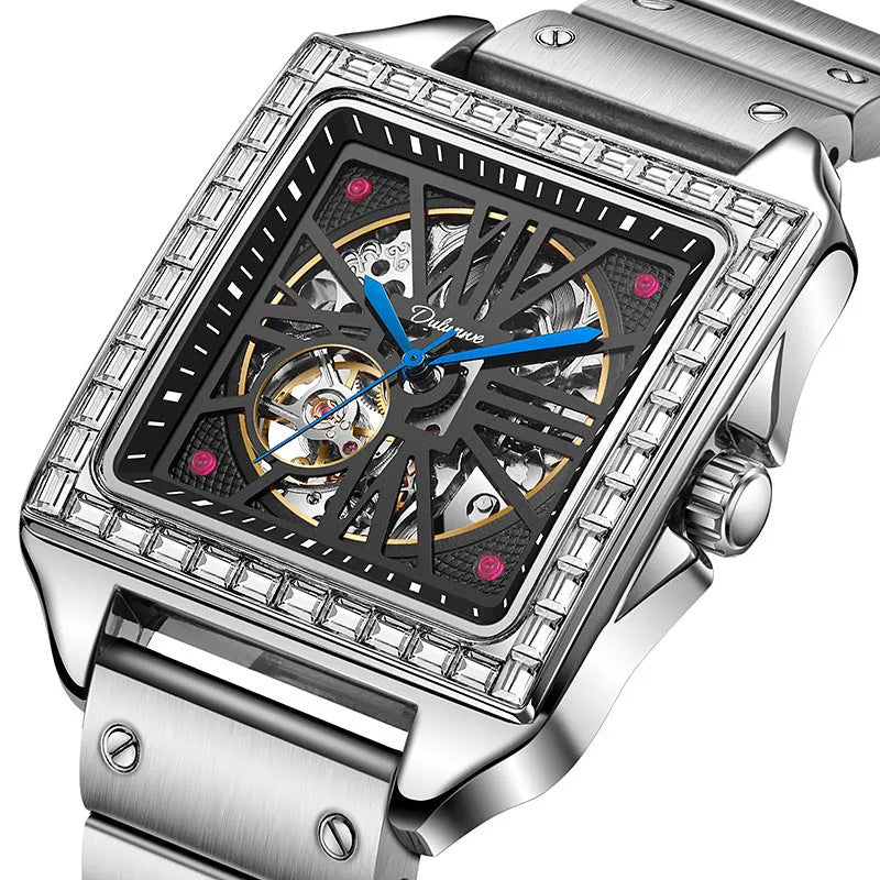 Men's square-faced automatic watch with diamond detailing on a stainless steel bracelet