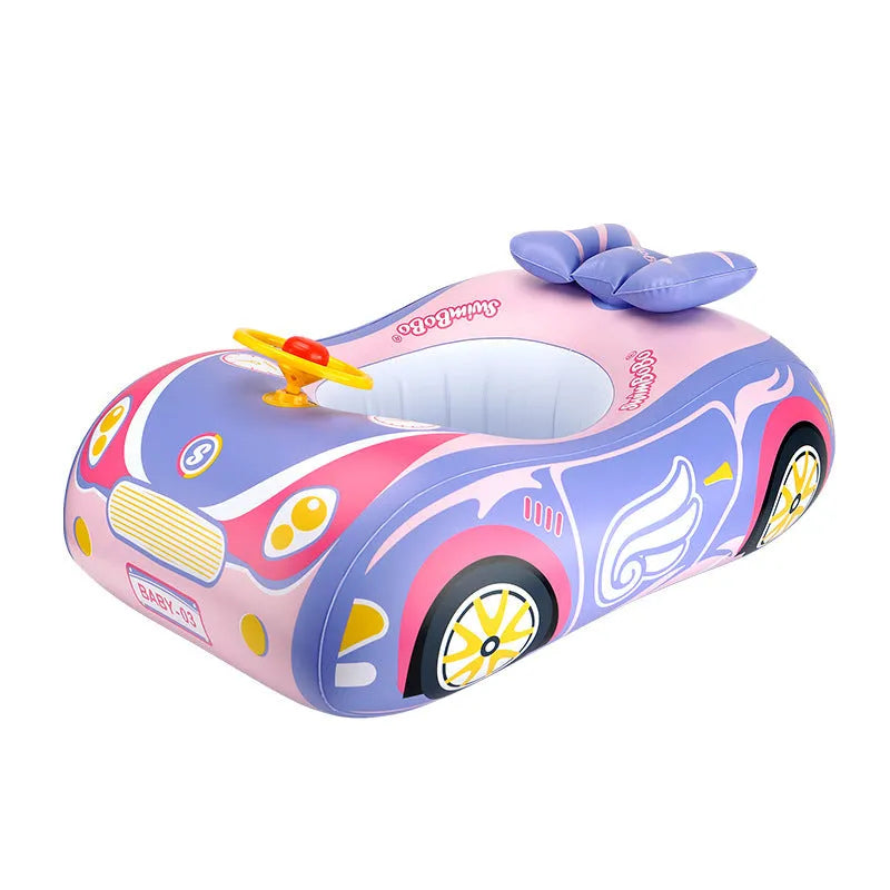 Inflatable children's swimming ring with mini steering wheel in pink sports car design