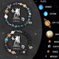 A set of two natural stone beaded bracelets featuring zodiac sign designs on a neutral background.