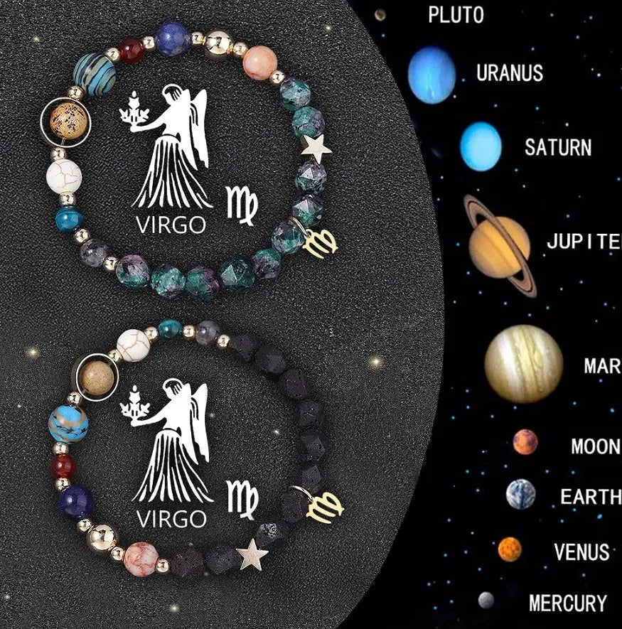 A set of two natural stone beaded bracelets featuring zodiac sign designs on a neutral background.