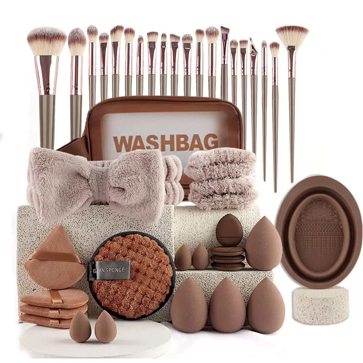 Beauty tools combination set with hydrophilic non-latex sponges in brown, pink and purple colour options