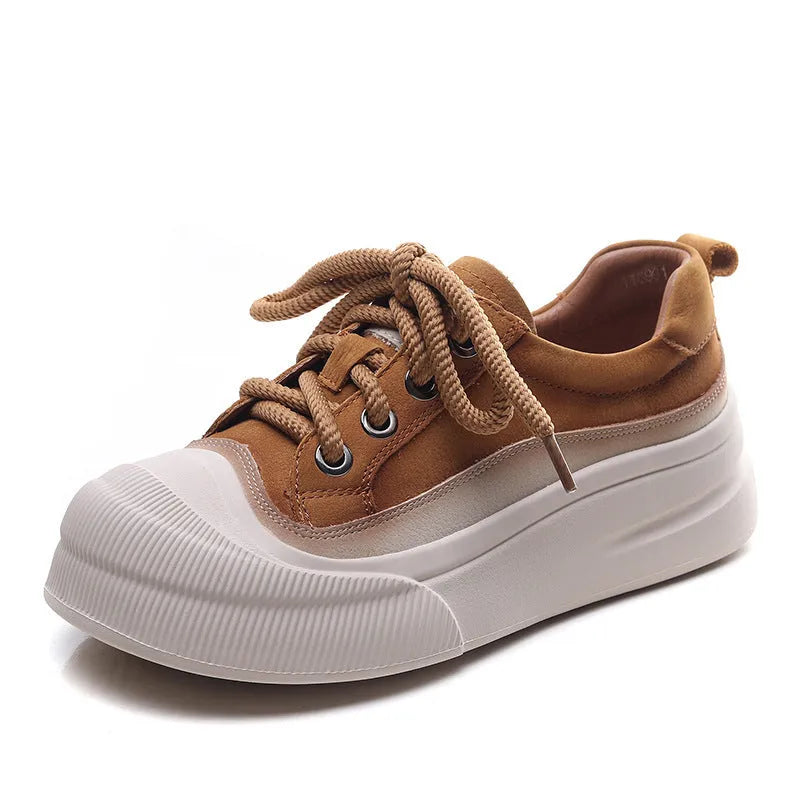 Women's yellow full grain cow leather lace-up casual shoes with round toe and rubber sole.