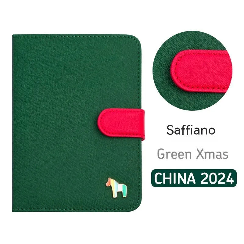 Leather schedule book showing Avocado Green cover with 164x120mm dimensions and 396-day pages