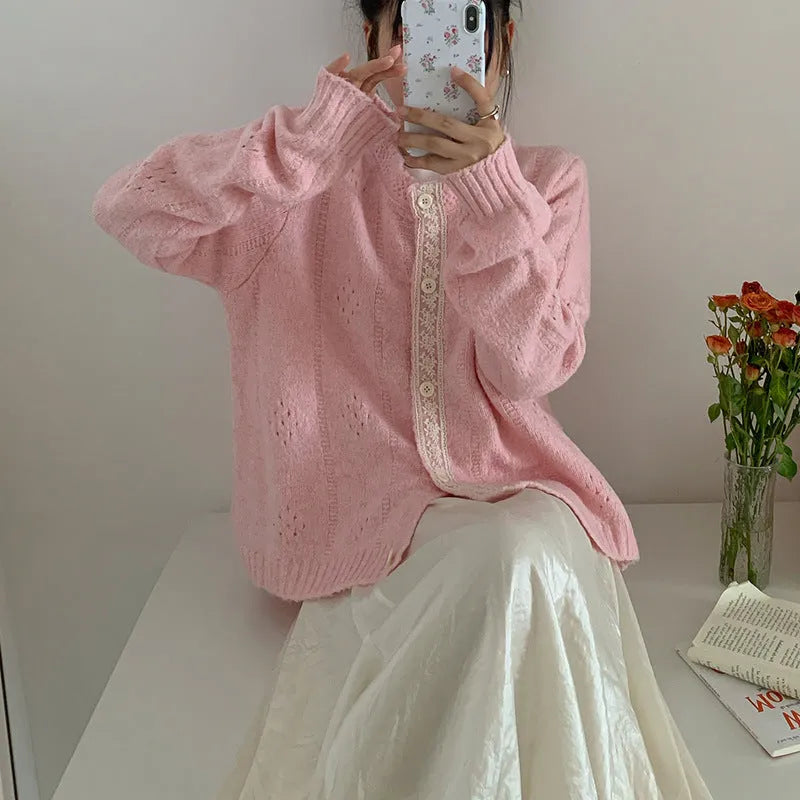 Korean-style loose knitwear cardigan in viscose fibre available in apricot, green, pink, and light grey colours
