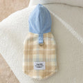 Blue corduroy pet hooded vest with chessboard grid pattern showing hood and traction design
