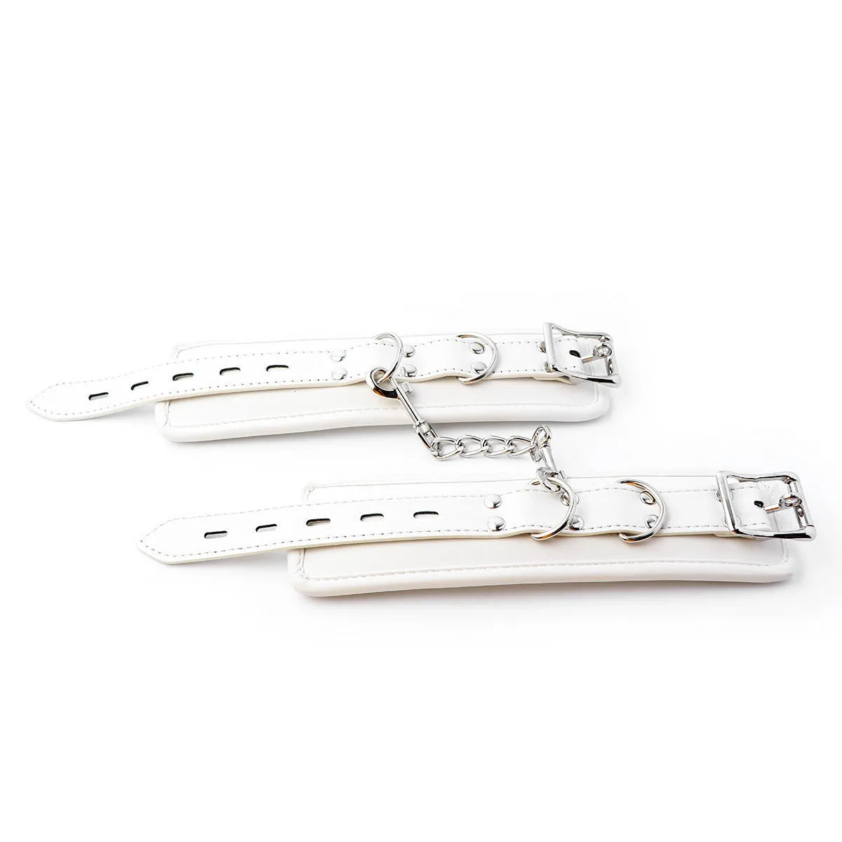 White PU sponge bondage set showing handcuffs, footcuffs and neck scarf components