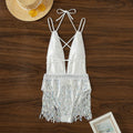 White one-piece swimsuit with deep V-neckline and tassel detailing, sleeveless briefs design