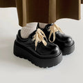 Women's matte black lace-up shoes with thick rubber sole and chunky 6-8cm heel, round toe.