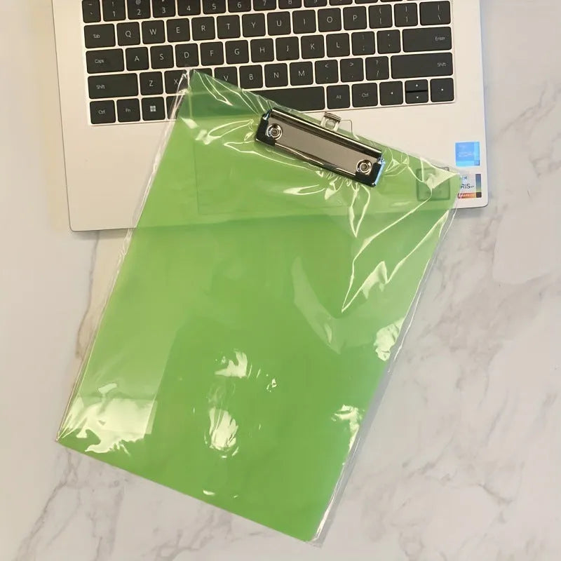 Transparent A4 plate holder with metal clip in blue, green, red, and white colour options