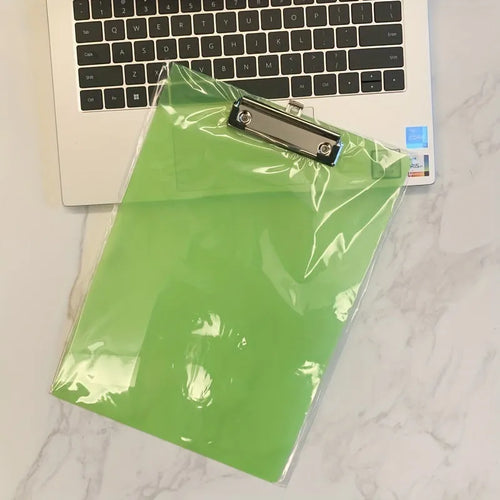 Transparent A4 plate holder with metal clip in blue, green, red, and white colour options