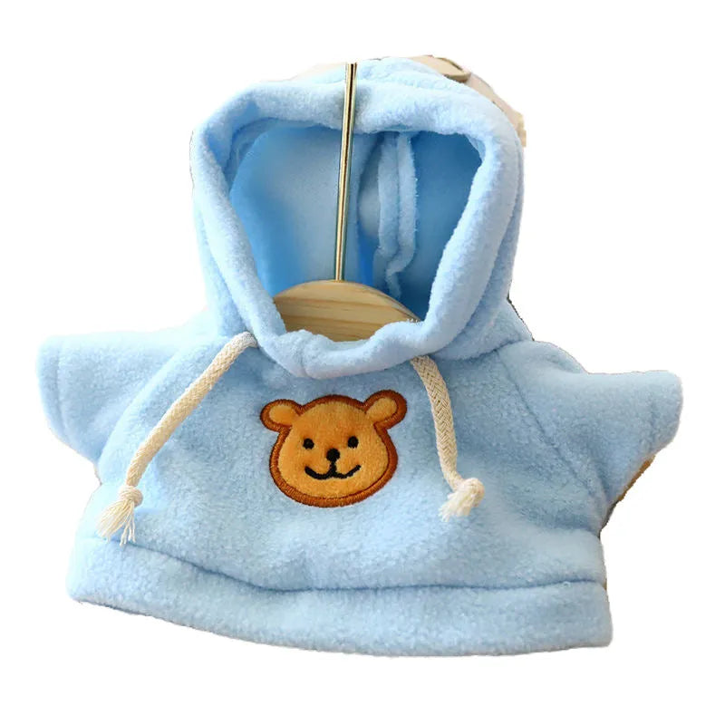 Dog wearing blue hoodie jumper showing hooded design and medium size fit