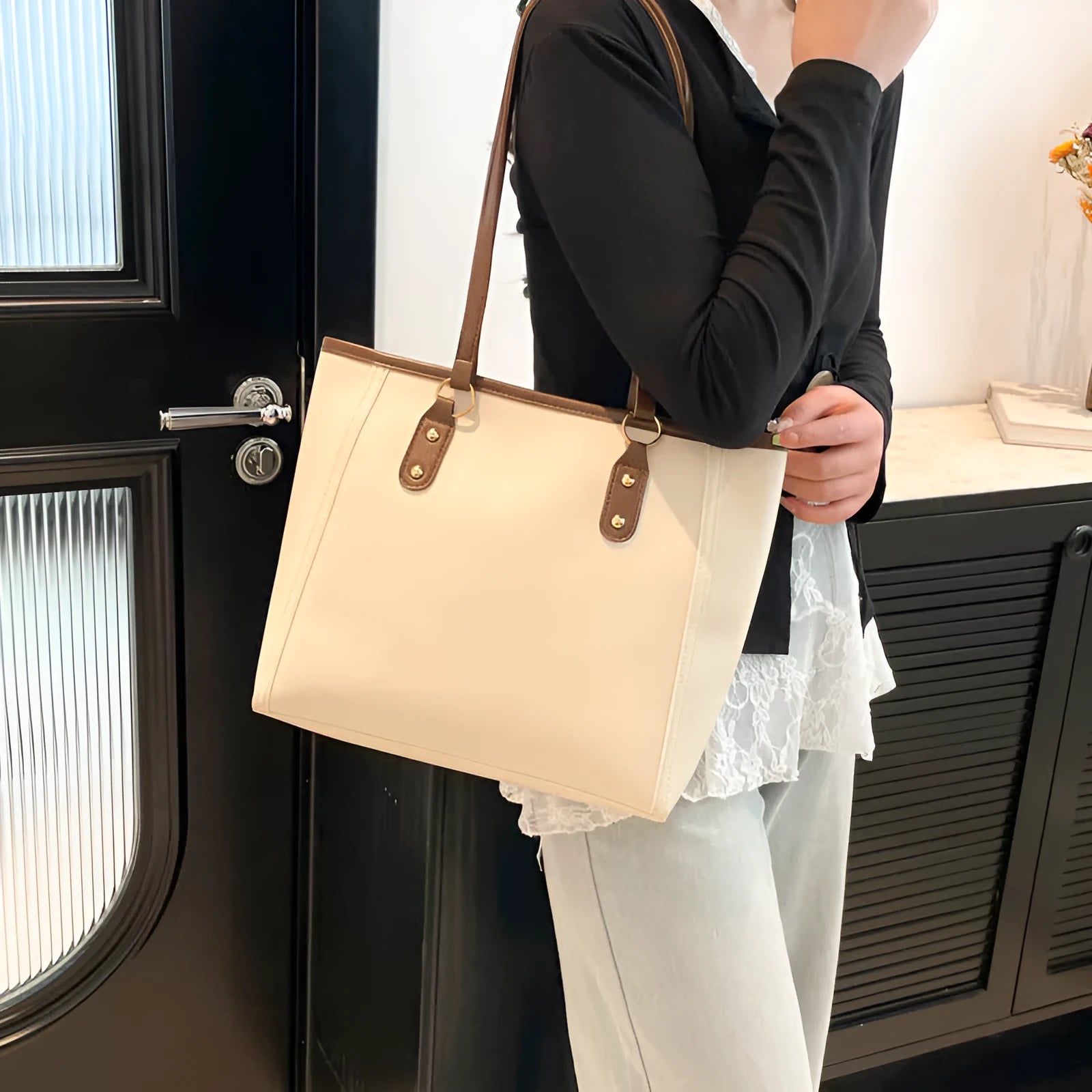 Korean style PU crossbody shoulder bag with sandwich pocket design in neutral colours