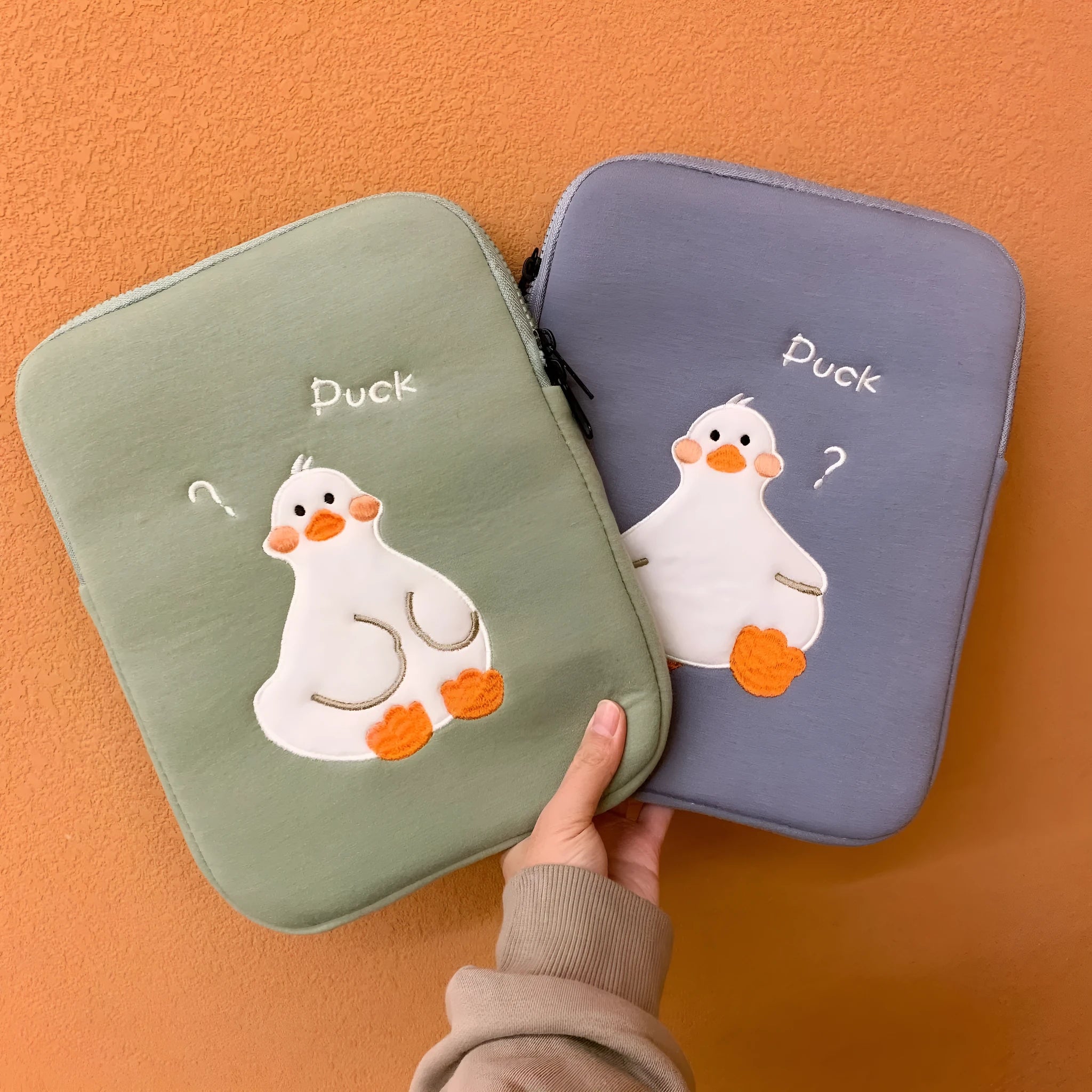 Blue cotton tablet case with cartoon duck embroidery and zipper closure for 11-16 inch tablets