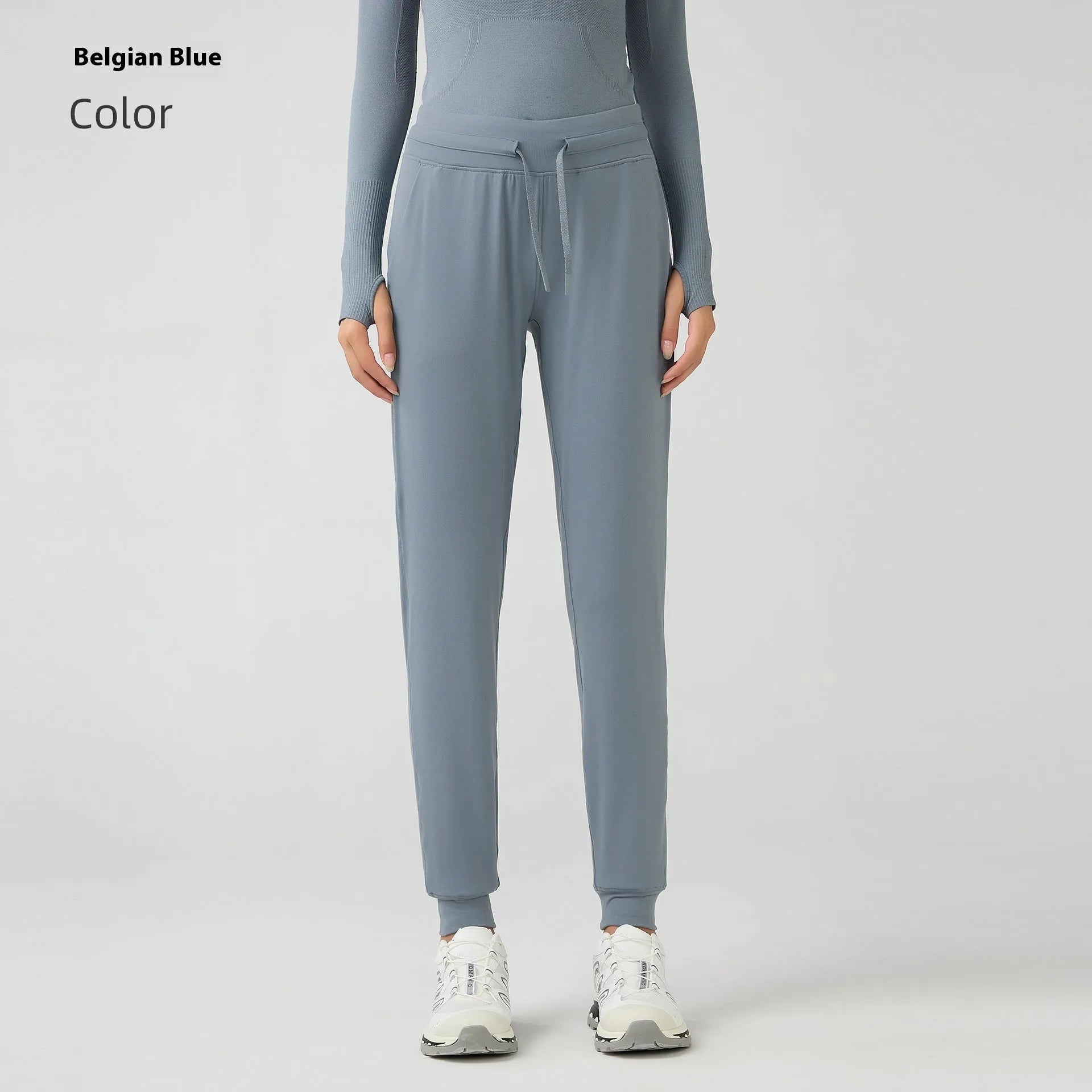 Women's high waist yoga pants with drawstring waistband in quick-drying nylon blend fabric
