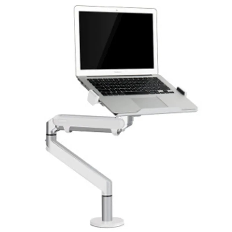 Black aluminium laptop stand with adjustable air pressure arm holding a notebook computer