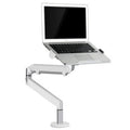 Black aluminium laptop stand with adjustable air pressure arm holding a notebook computer