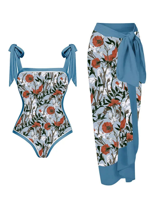 Women's floral print two-piece swimsuit with chiffon skirt in multiple colour options