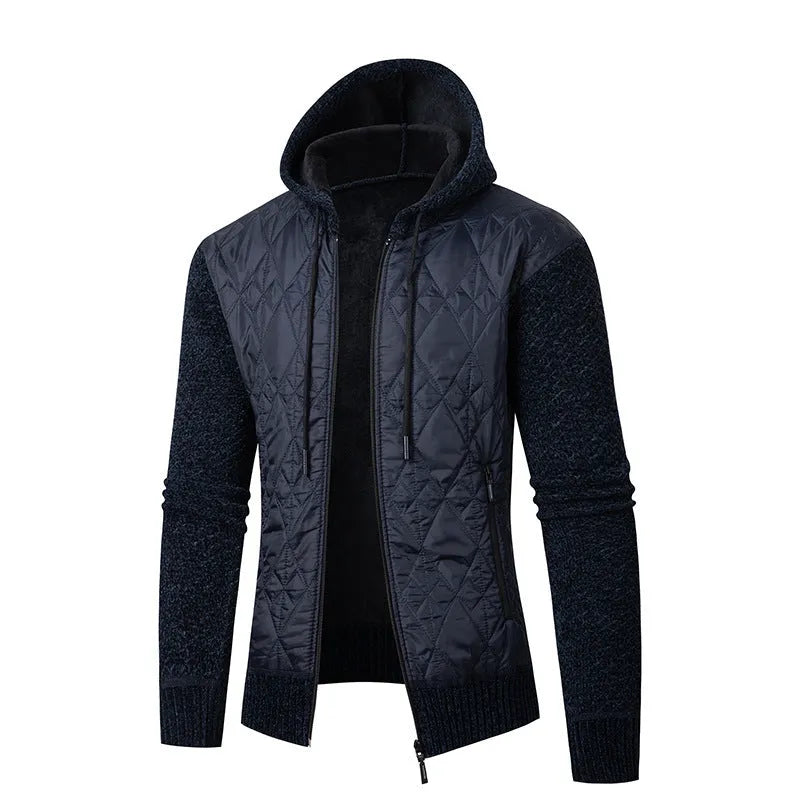Men's grey hooded sweater coat with cinched waist and corduroy fabric texture