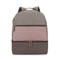 Grey insulated mother and child travel backpack with curved shoulder straps showing organisational compartments