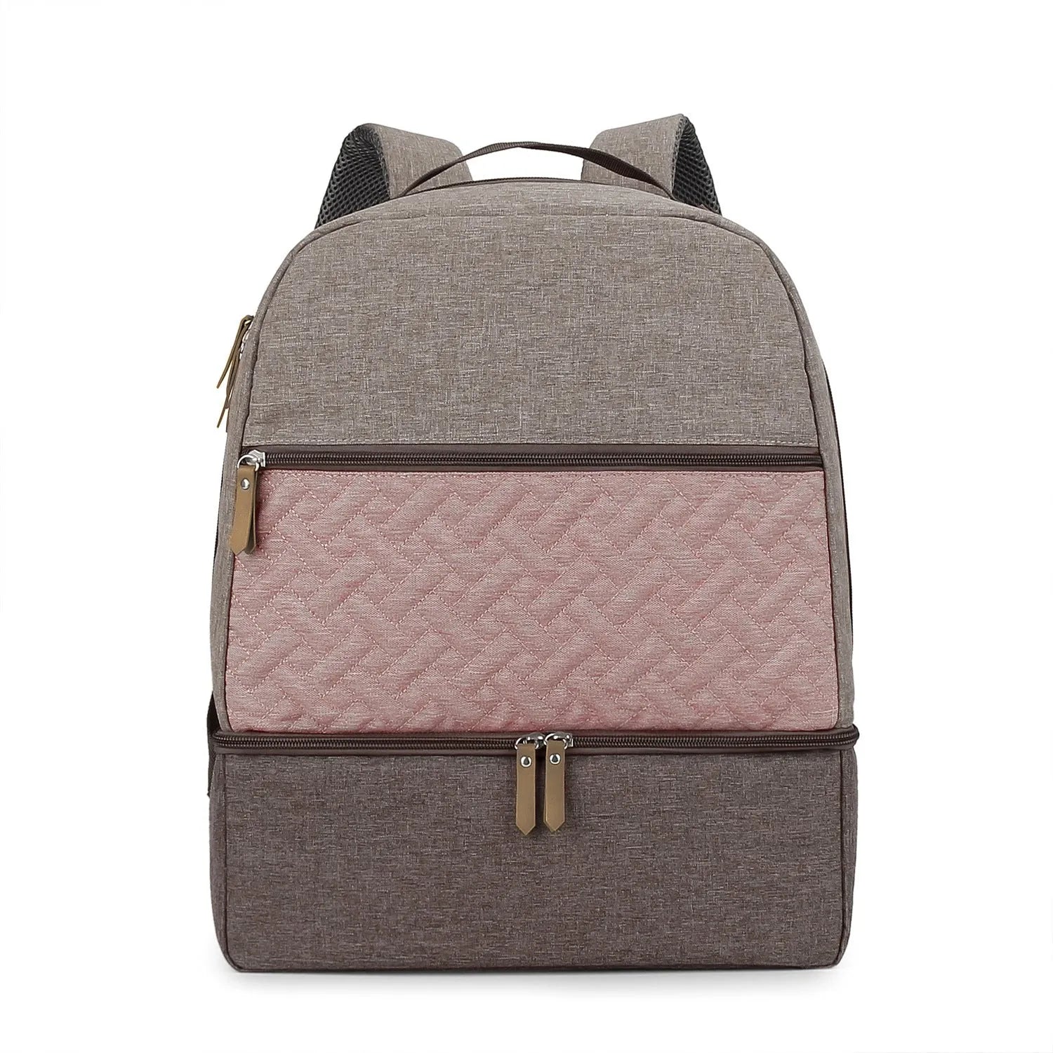 Grey insulated mother and child travel backpack with curved shoulder straps showing organisational compartments