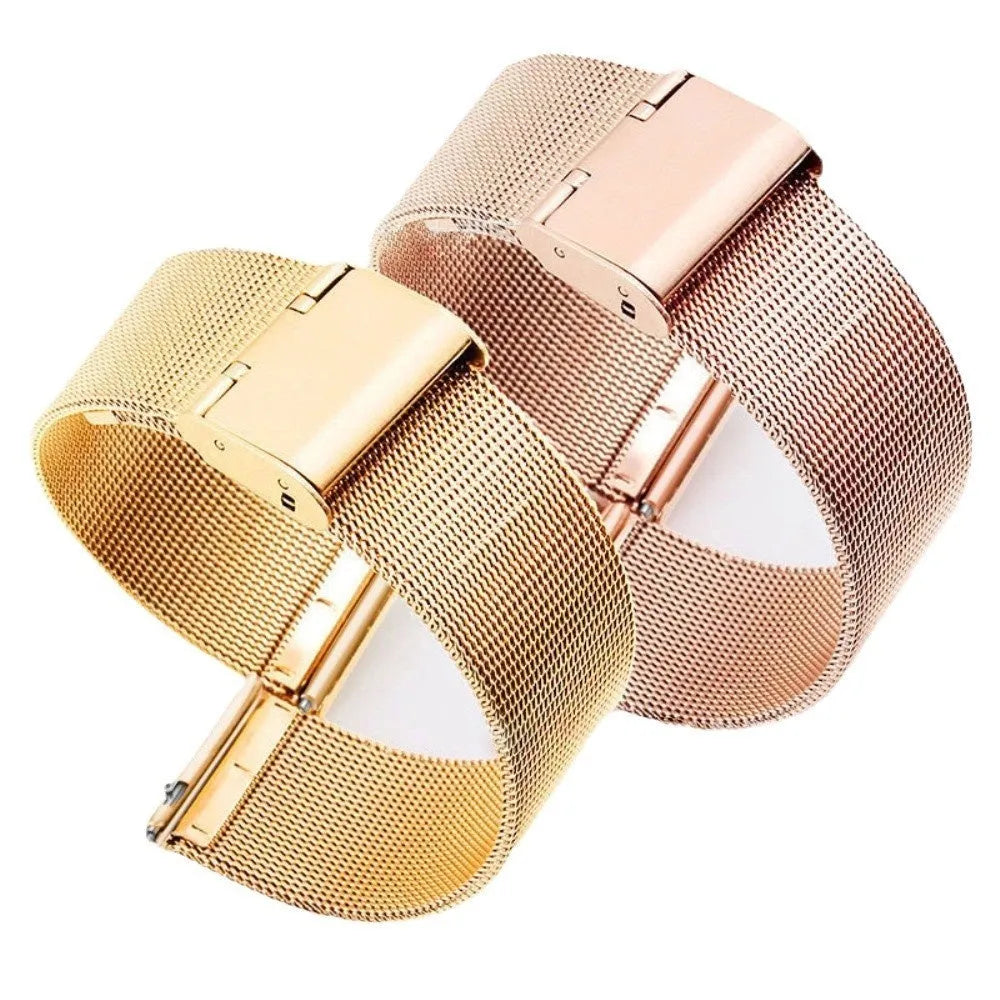 Milani stainless steel watch band with woven silk texture in silver, black, rose gold, and gold colours.
