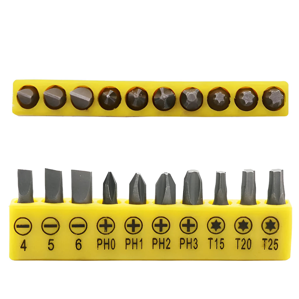 L-shaped socket wrench handle with ten double-headed drill bits and sockets on work surface