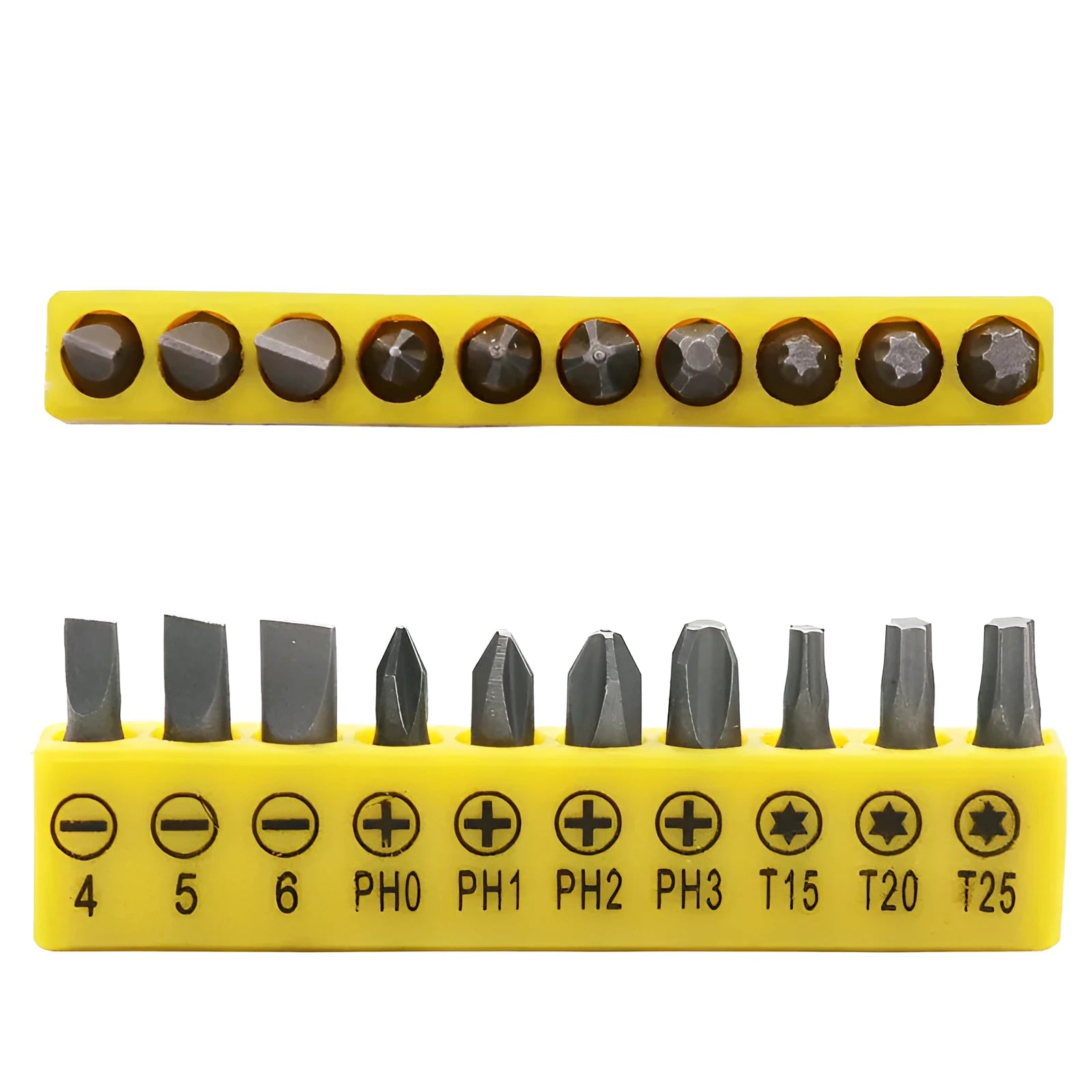 L-shaped socket wrench handle with ten double-headed drill bits and sockets on work surface