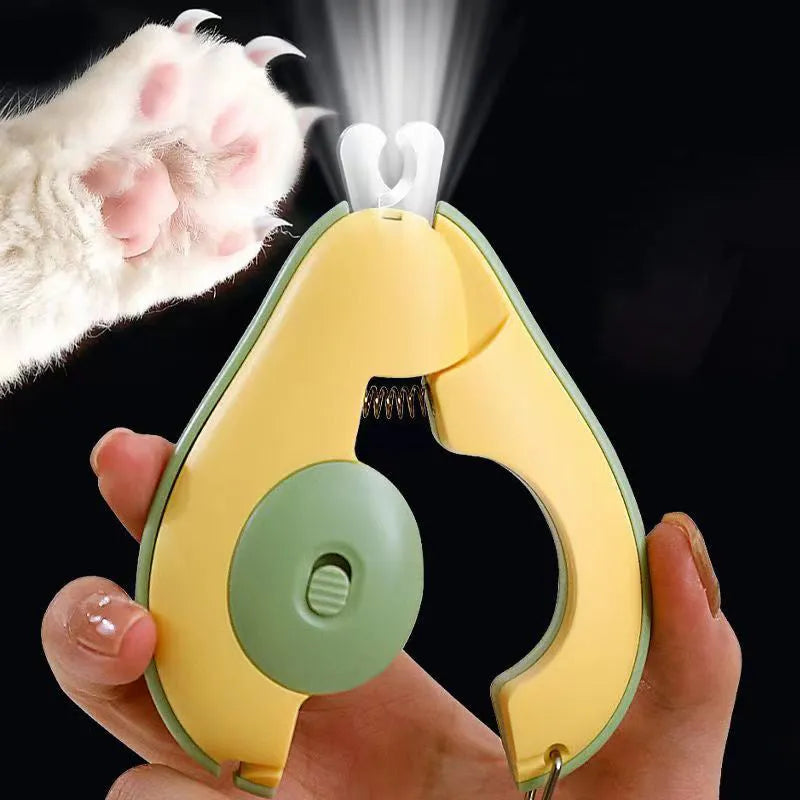 LED pet nail clipper with safety guard in green, pink and white colours for small dogs and cats