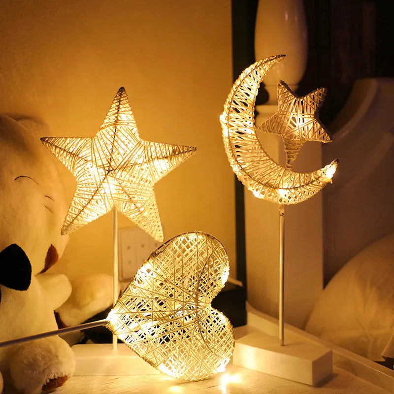 Rattan woven LED table lamp in star, heart, and moon shapes for bedroom decoration