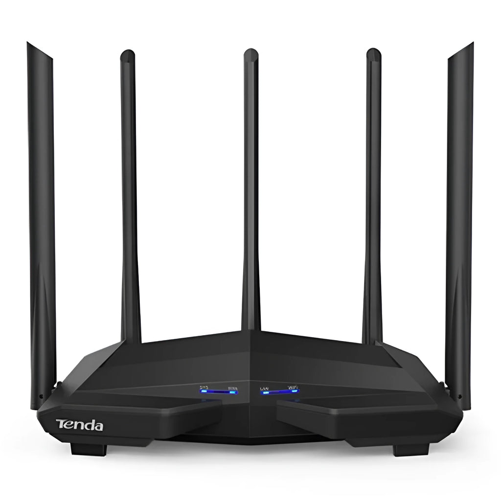 Black AC11 Gigabit Wireless Router showing rear panel with four Gigabit Ethernet ports.