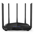 Black AC11 Gigabit Wireless Router showing rear panel with four Gigabit Ethernet ports.