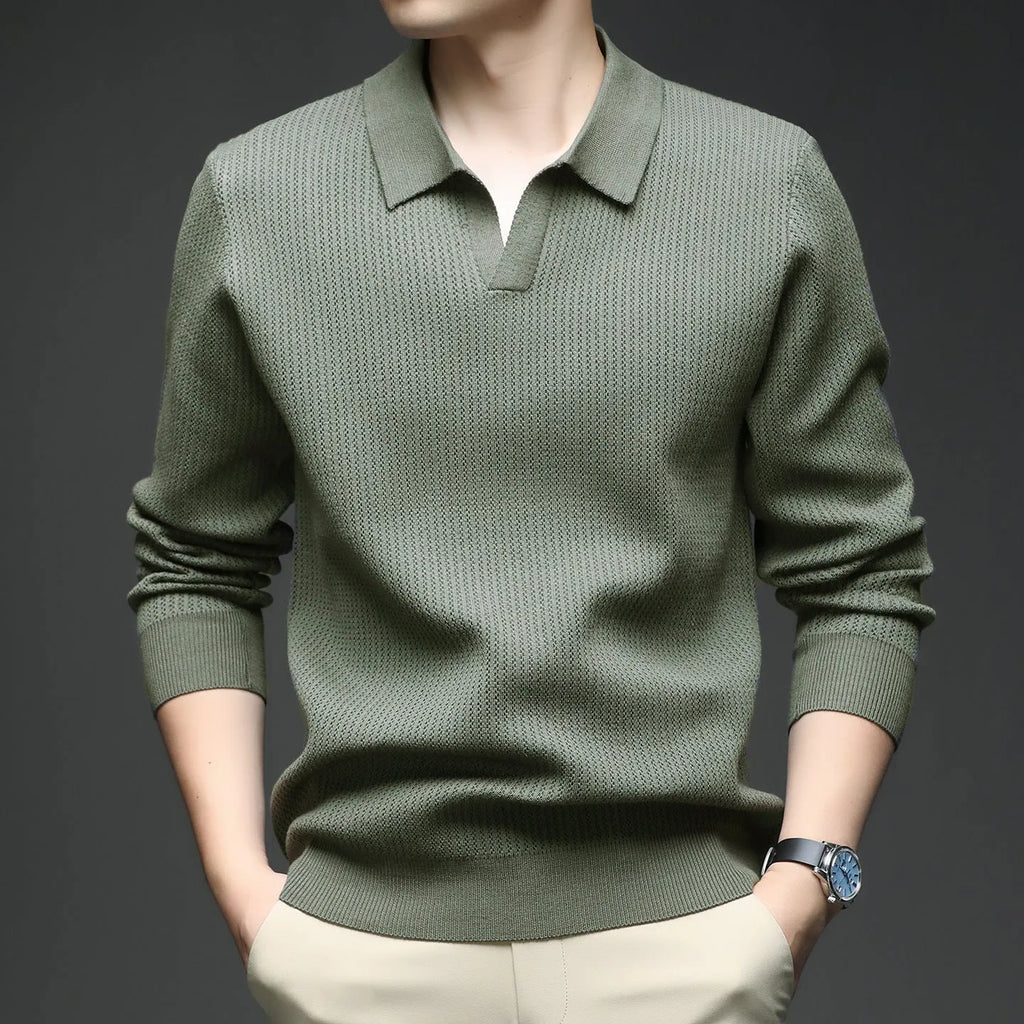Men's loose-fit casual pullover sweater in autumn colours on hanger