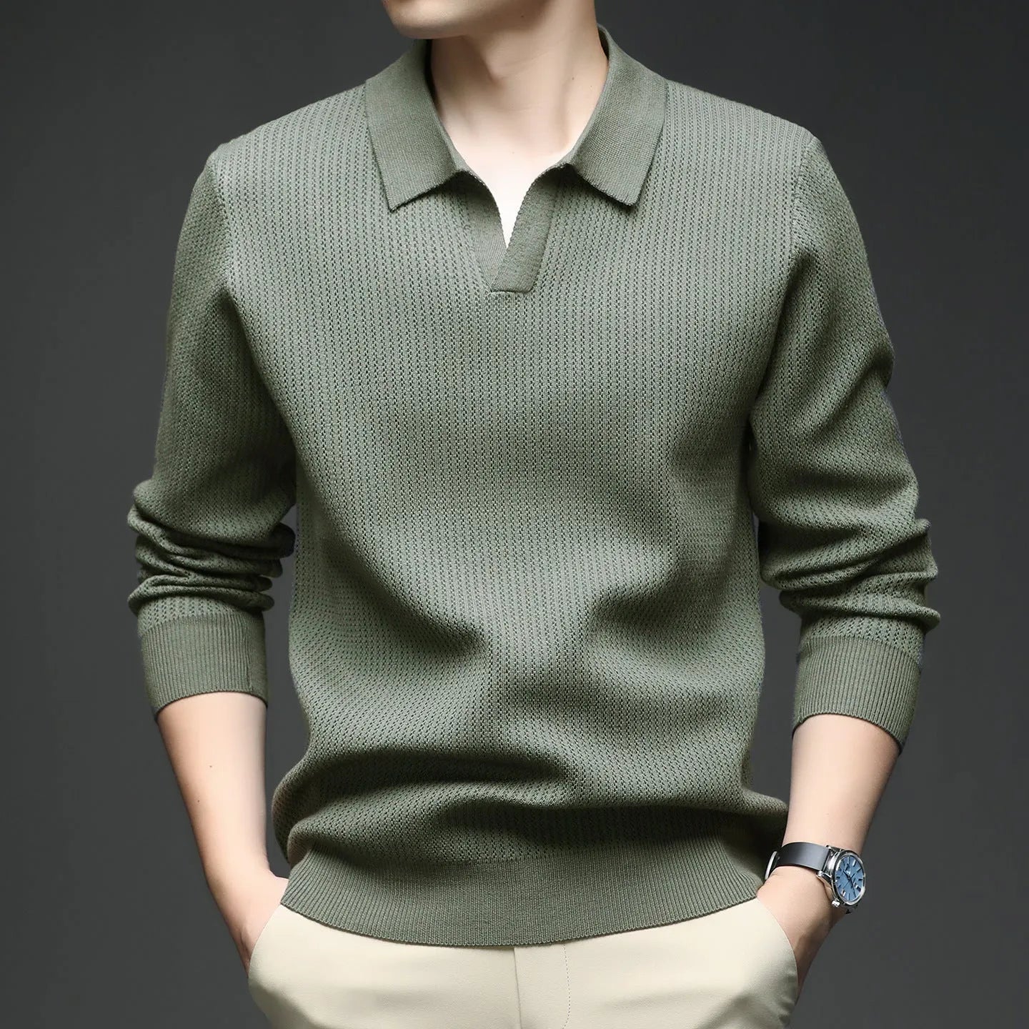Men's loose-fit casual pullover sweater in autumn colours on hanger