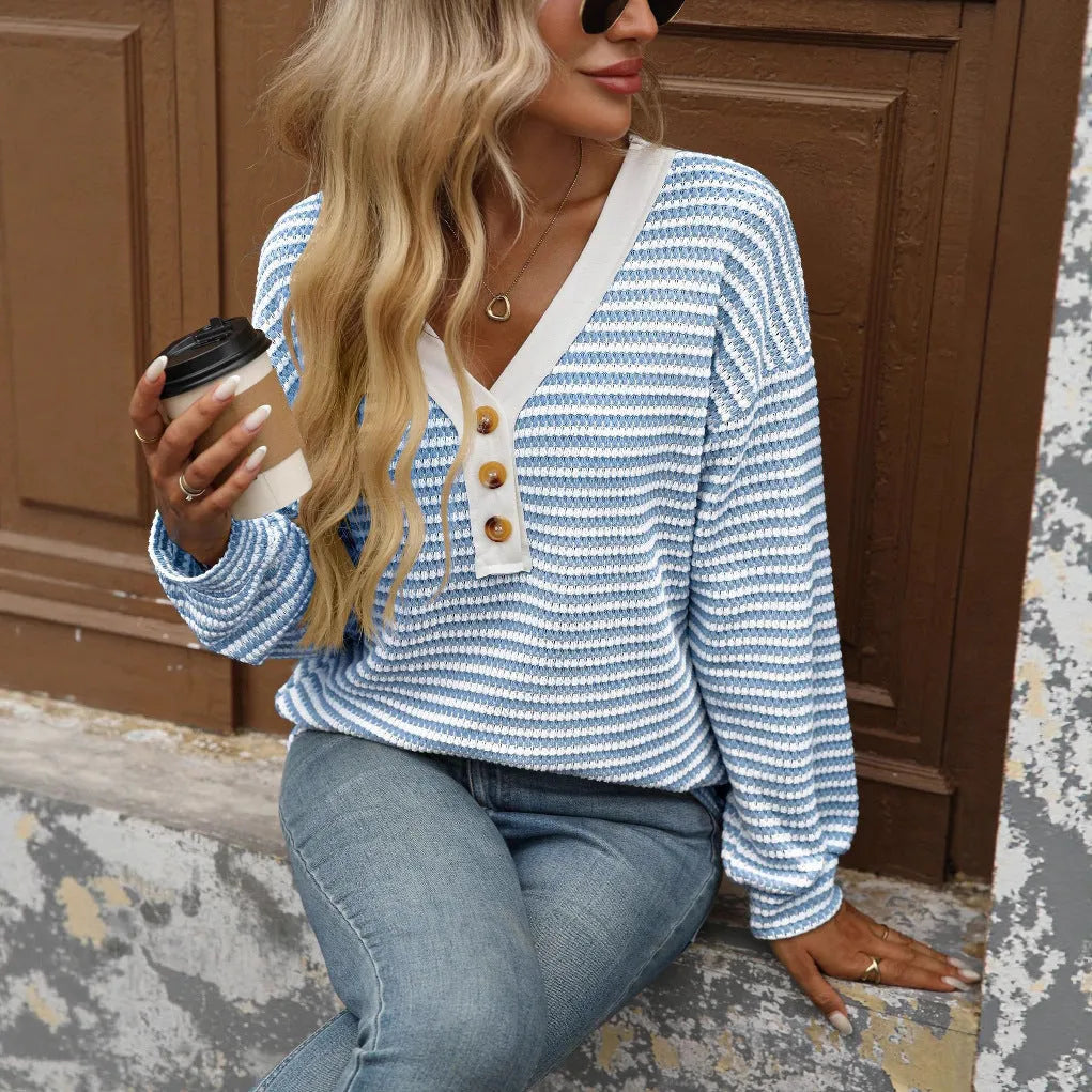 Women's loose-fit V-neck pullover top with patchwork long sleeves in apricot colour.