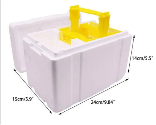 Three white EPS foam bee delivery boxes for beehive transport and colony management