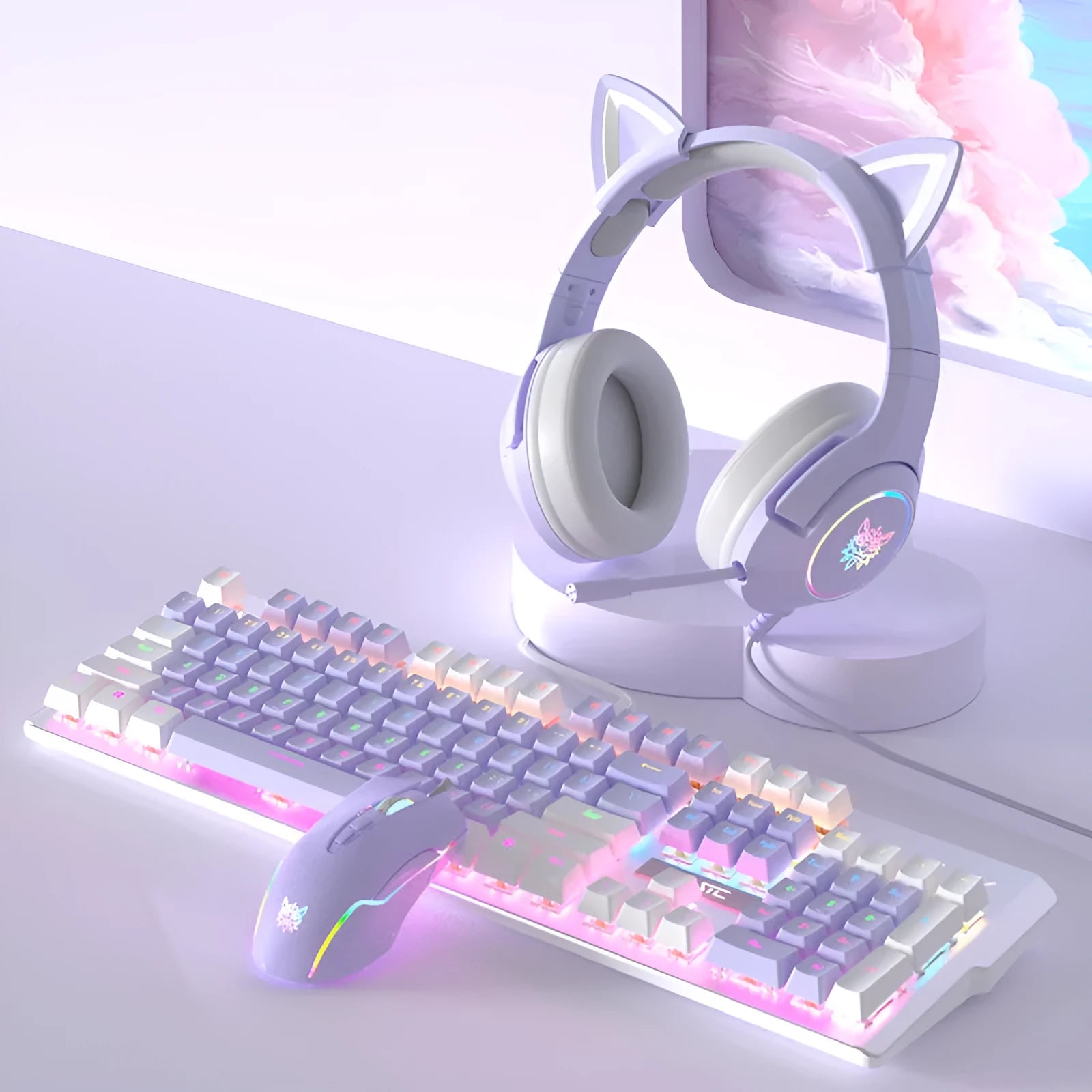 Purple mechanical keyboard and mouse gaming set with backlight and matching headphones