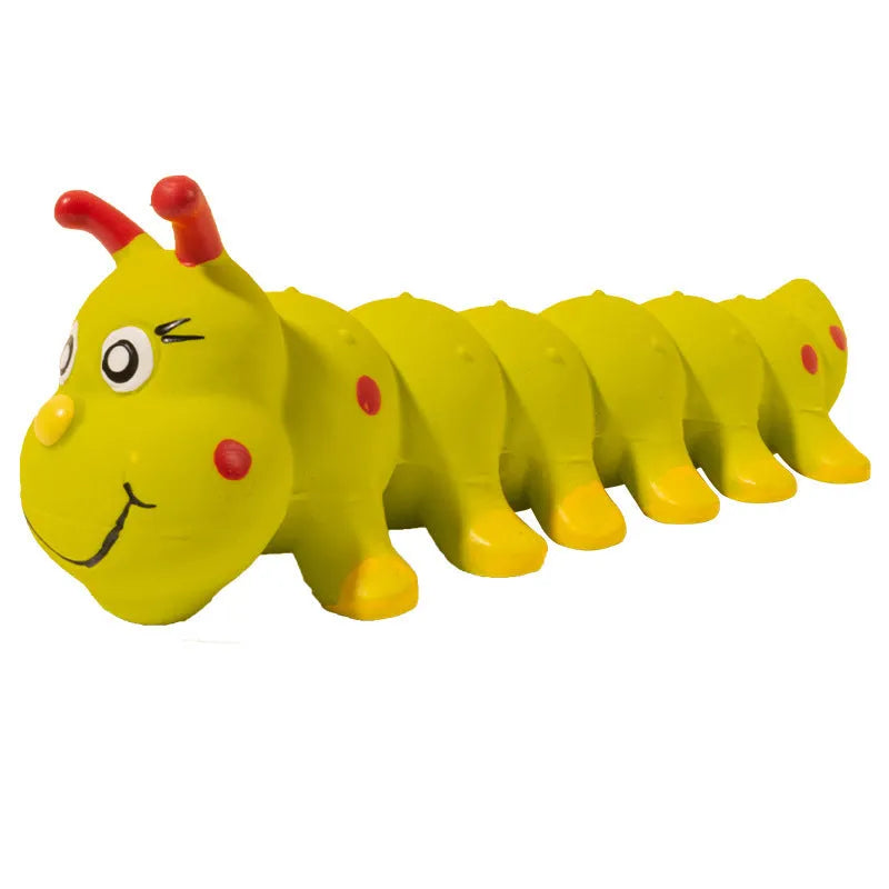 Yellow rubber caterpillar-shaped dog toy with squeaker for small medium breeds