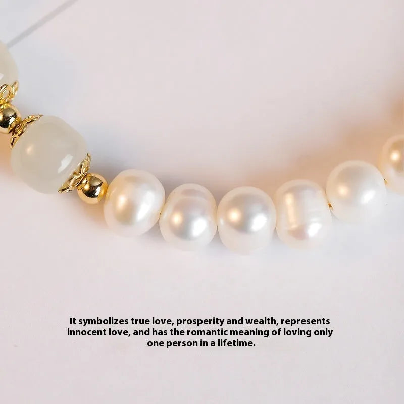 Natural freshwater pearl bracelet with electroplated diamond beads in Hetian jade colour