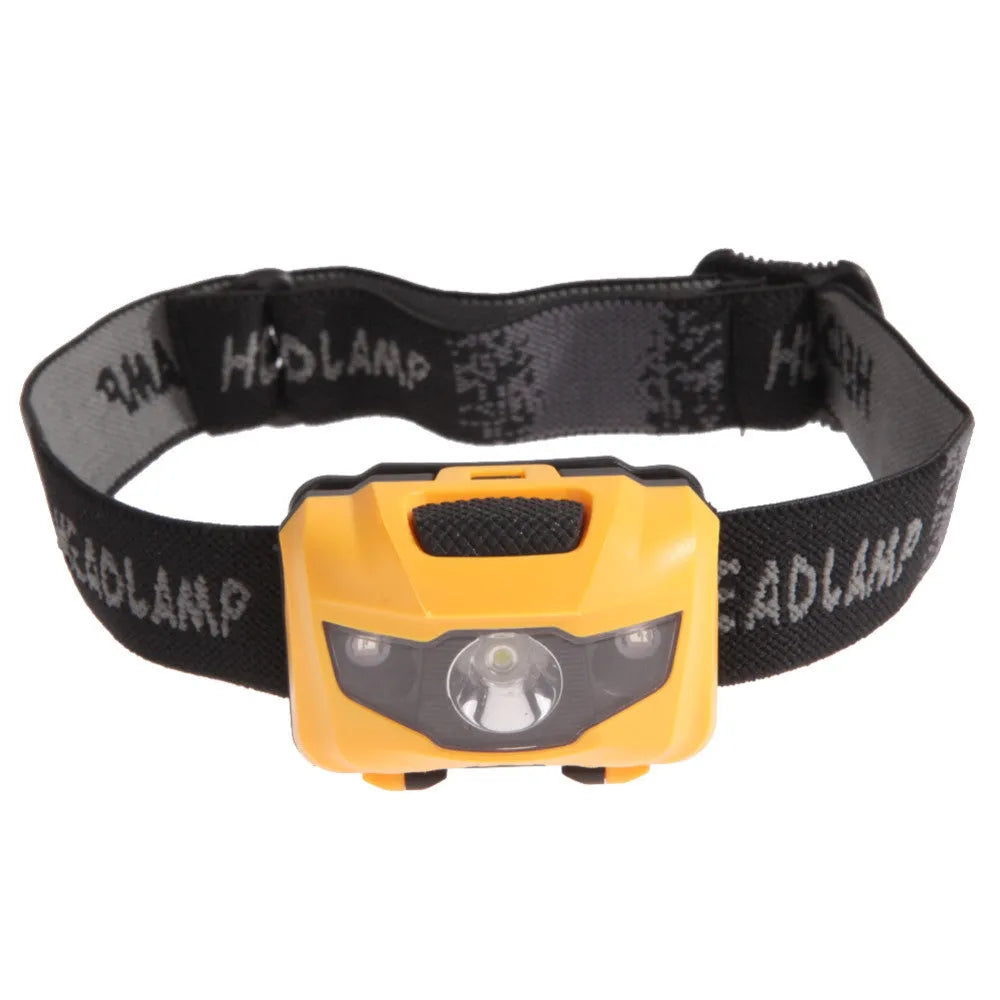 Head torch with adjustable strap showing white and red LED lights, waterproof housing